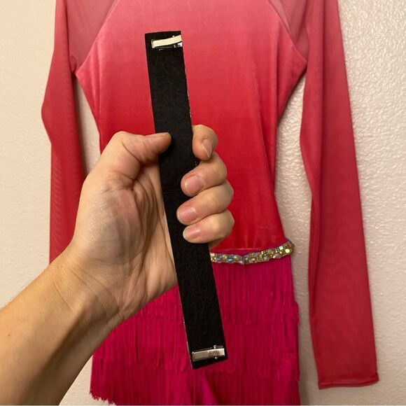 WEISSMAN Dance Costume hot pink fringe velvet mesh sleeve All The Ways 13290 SA - Picture 6 of 12